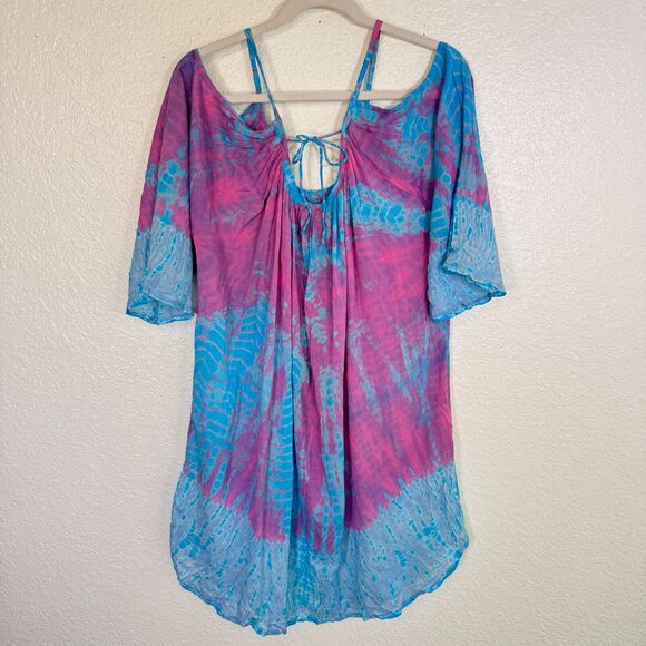 Sacred Threads Dress Women Medium Cold Shoulder Tie Dye Rayon Tunic Coverup Boho - Picture 6 of 11